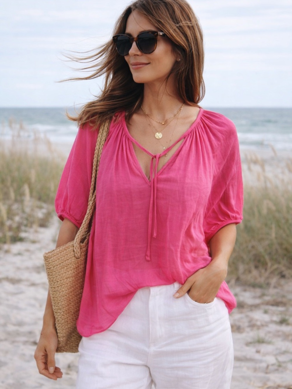 Rachel Roy Pink Blouse Medium Boho Peasant Top Tie Neck Flowy Lightweight